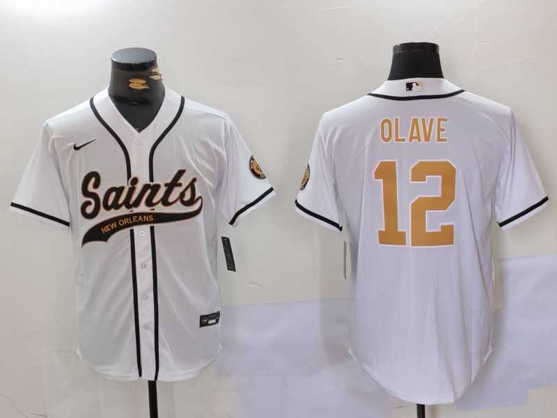 Mens New Orleans Saints #12 Chris Olave White Cool Base Stitched Baseball Jersey